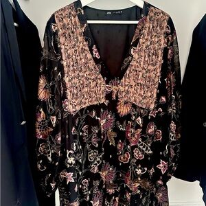 Zara Black and Pink Floral Long Sleeve Dress